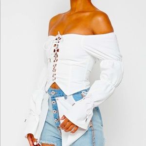 LACE UP PUFF SLEEVE TOP - WHITE